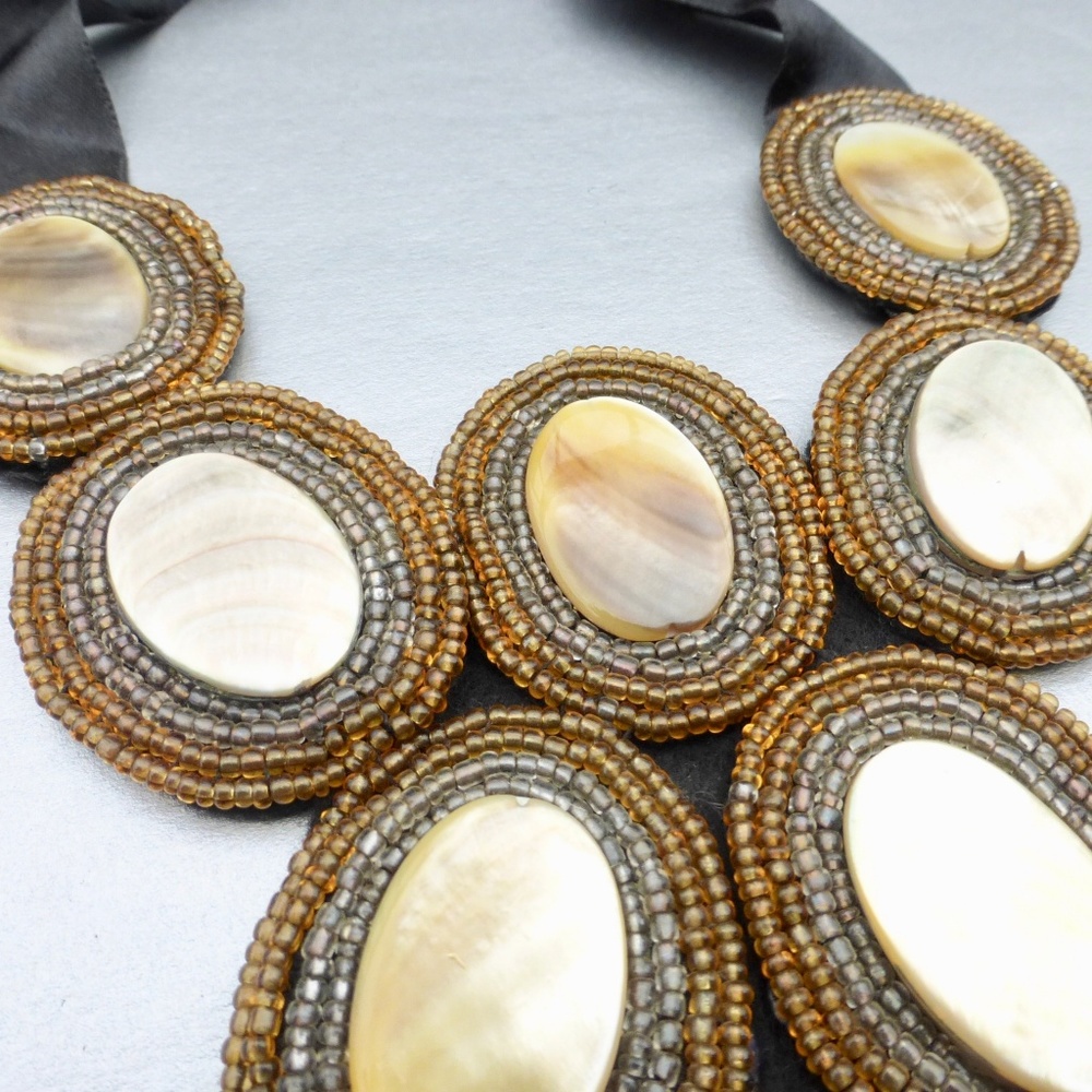 Golden Mop Shell Bib Beaded Statement Necklace - image 5